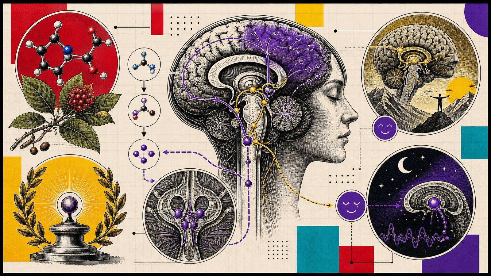 5-HTP serotonin yolu, raphe çekirdeği ve uyku-ruh hali bağlantısını gösteren anatomik neo-brutalist beyin illüstrasyonu.