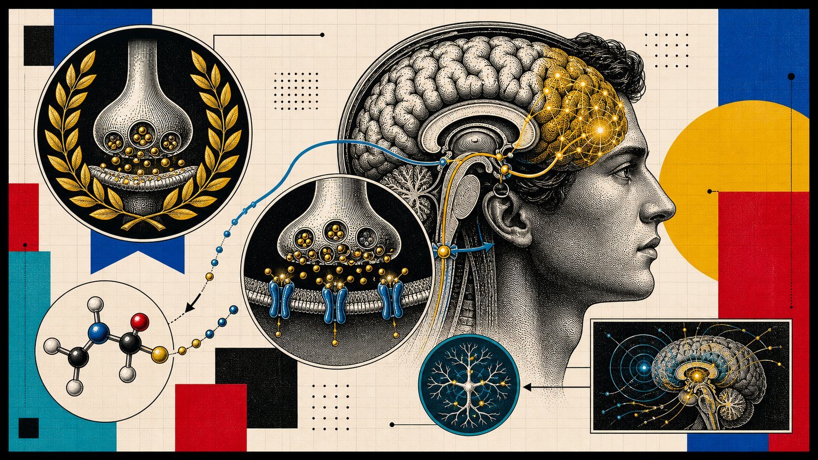 Alpha-GPC asetilkolin, hipokampus, prefrontal korteks ve nöromüsküler sinyali gösteren anatomik neo-brutalist kapak görseli.