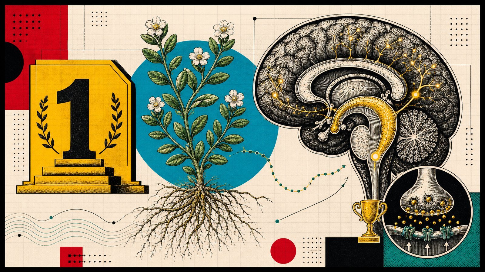 Bacopa Monnieri bacositler, hipokampus, dendrit dallanması ve hafıza pekiştirmeyi gösteren anatomik neo-brutalist görsel.