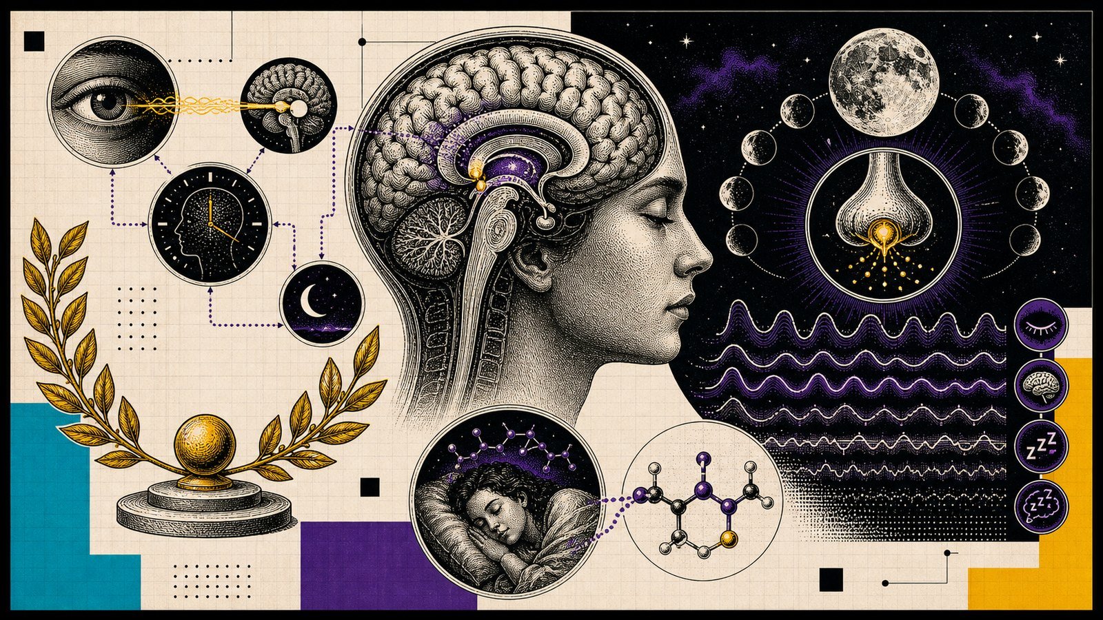 Melatonin pineal bez, sirkadiyen ritim, retina-SCN yolu, uyku evresi ve antioksidan destek anatomik kapak görseli.