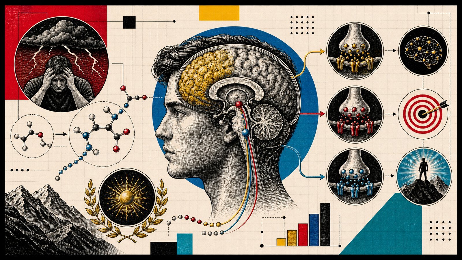 N-Asetil L-Tirozin stres altında zihinsel enerji, prefrontal korteks, dopamin ve norepinefrin yollarını gösteren kapak görseli.