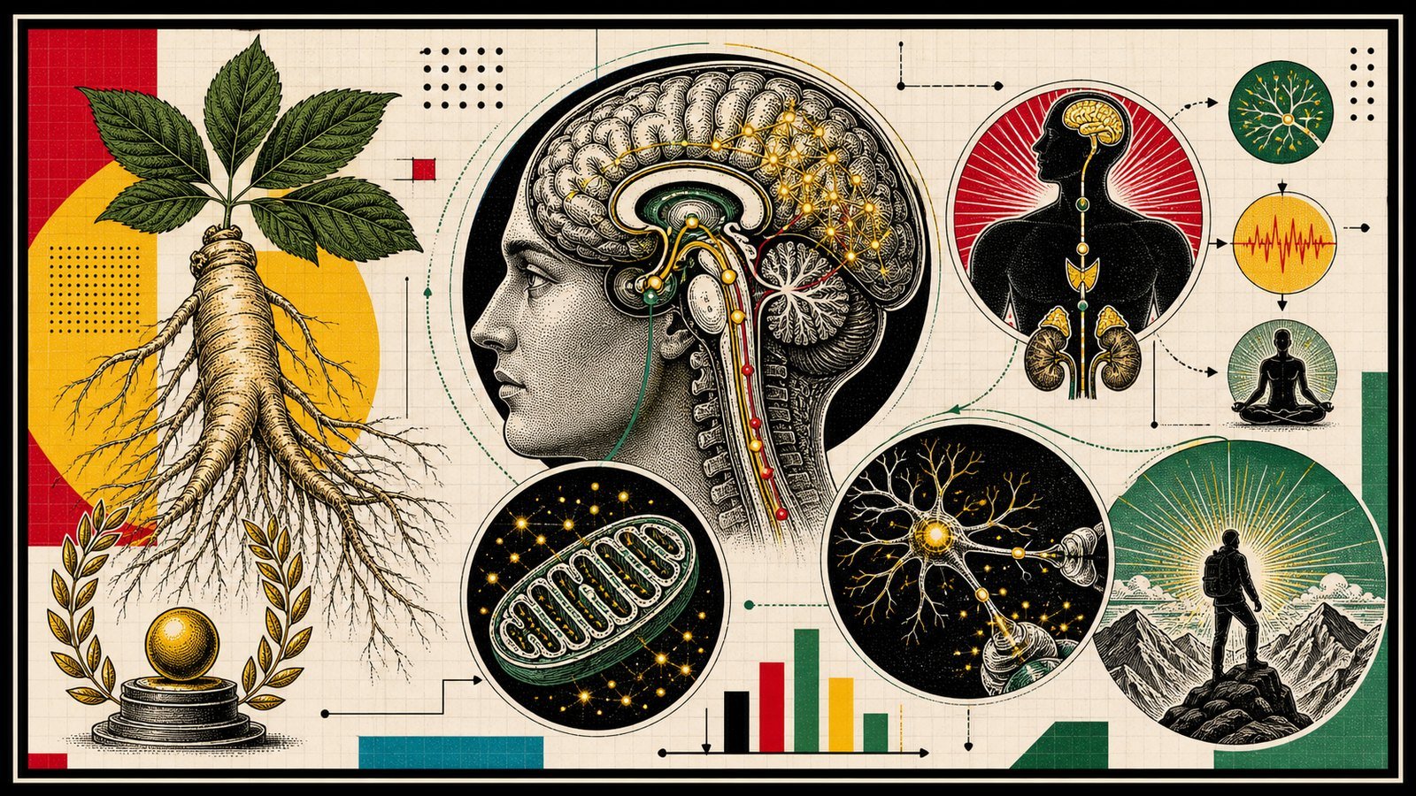 Panax Ginseng adaptogen enerji, beyin-omurilik ekseni, ginseng kökü, mitokondri ve HPA aksını gösteren kapak görseli.