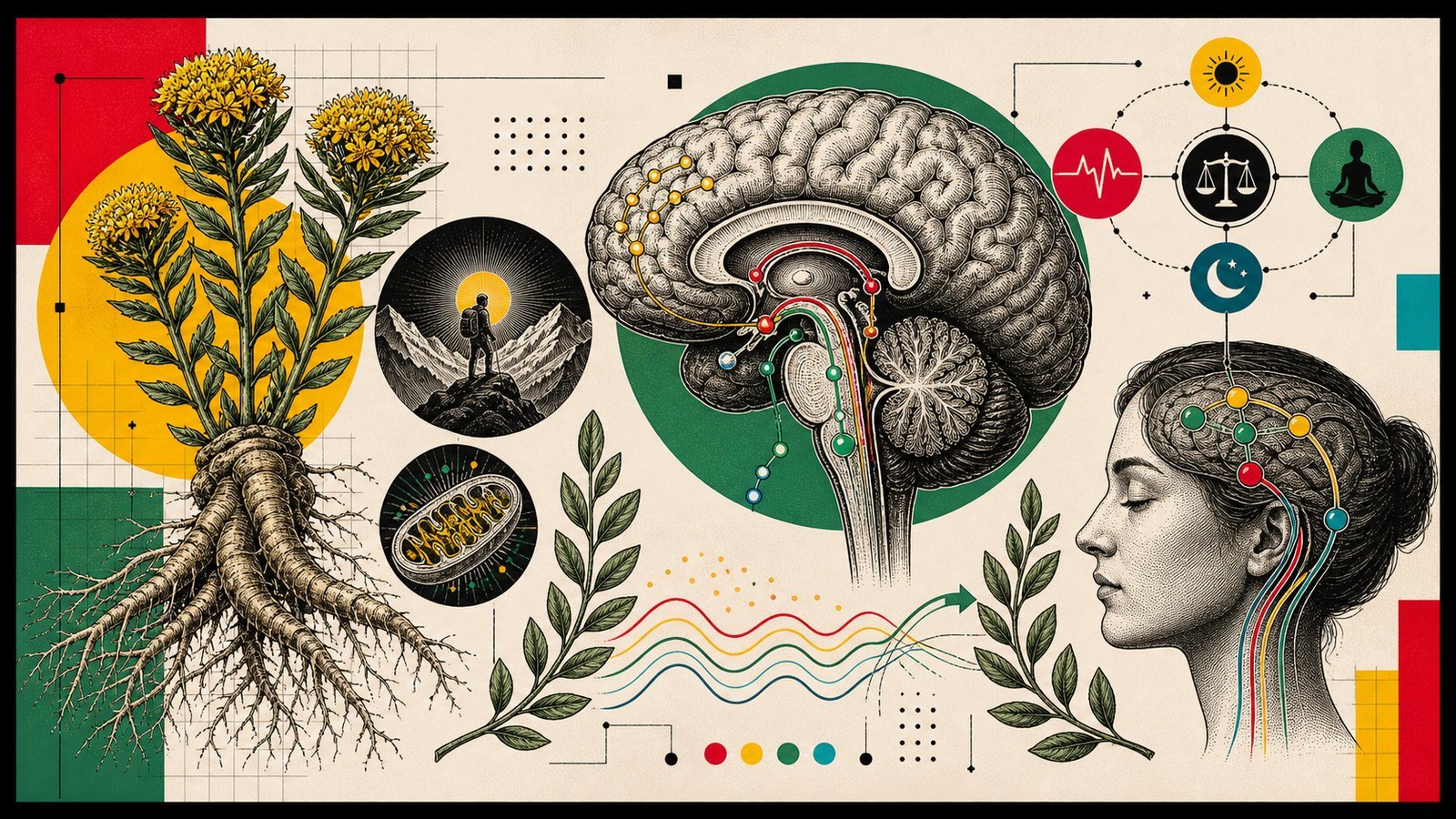 Rhodiola Rosea stres adaptasyonu, yorgunluk direnci, monoamin dengesi ve rhodiola kökünü gösteren anatomik kapak görseli.