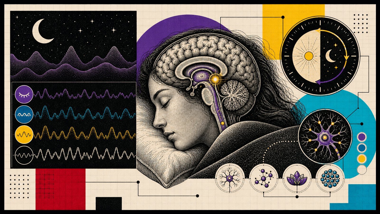 Blog liste sayfası için özel pineal saat, uyku dalgaları ve restoratif beyin görseli.