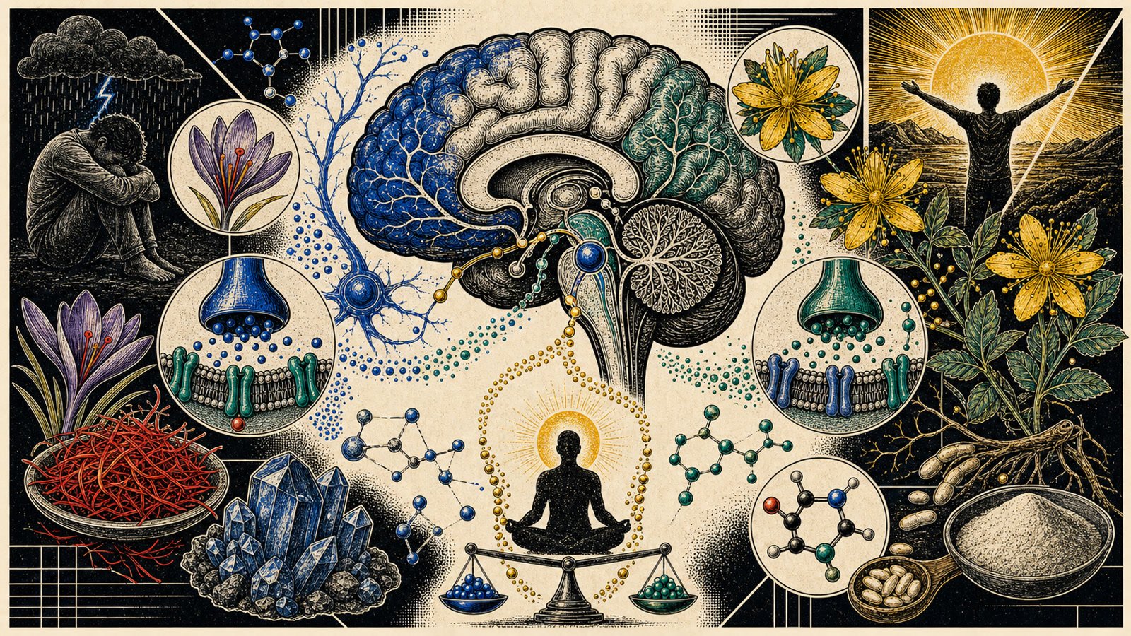 Serotonin ve GABA nörotransmitter sistemlerini ve doğal modulatörleri gösteren anatomik neo-brutalist kapak görseli.