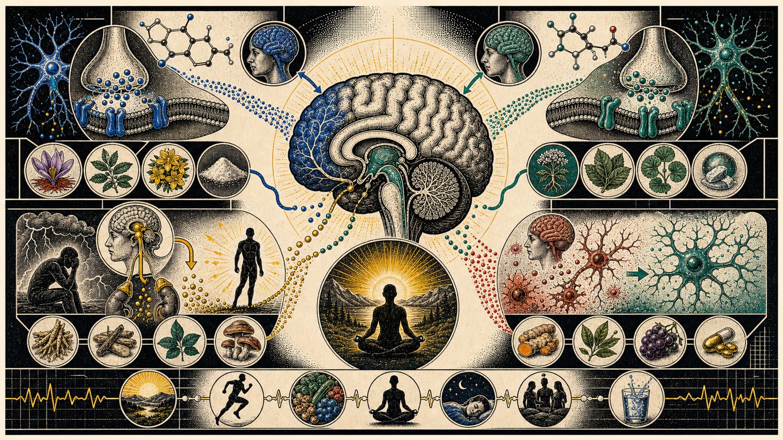 Depresyon ve anksiyetede serotonin, GABA, HPA aksı, nöroinflamasyon ve doğal destek yollarını gösteren mekanizma görseli.