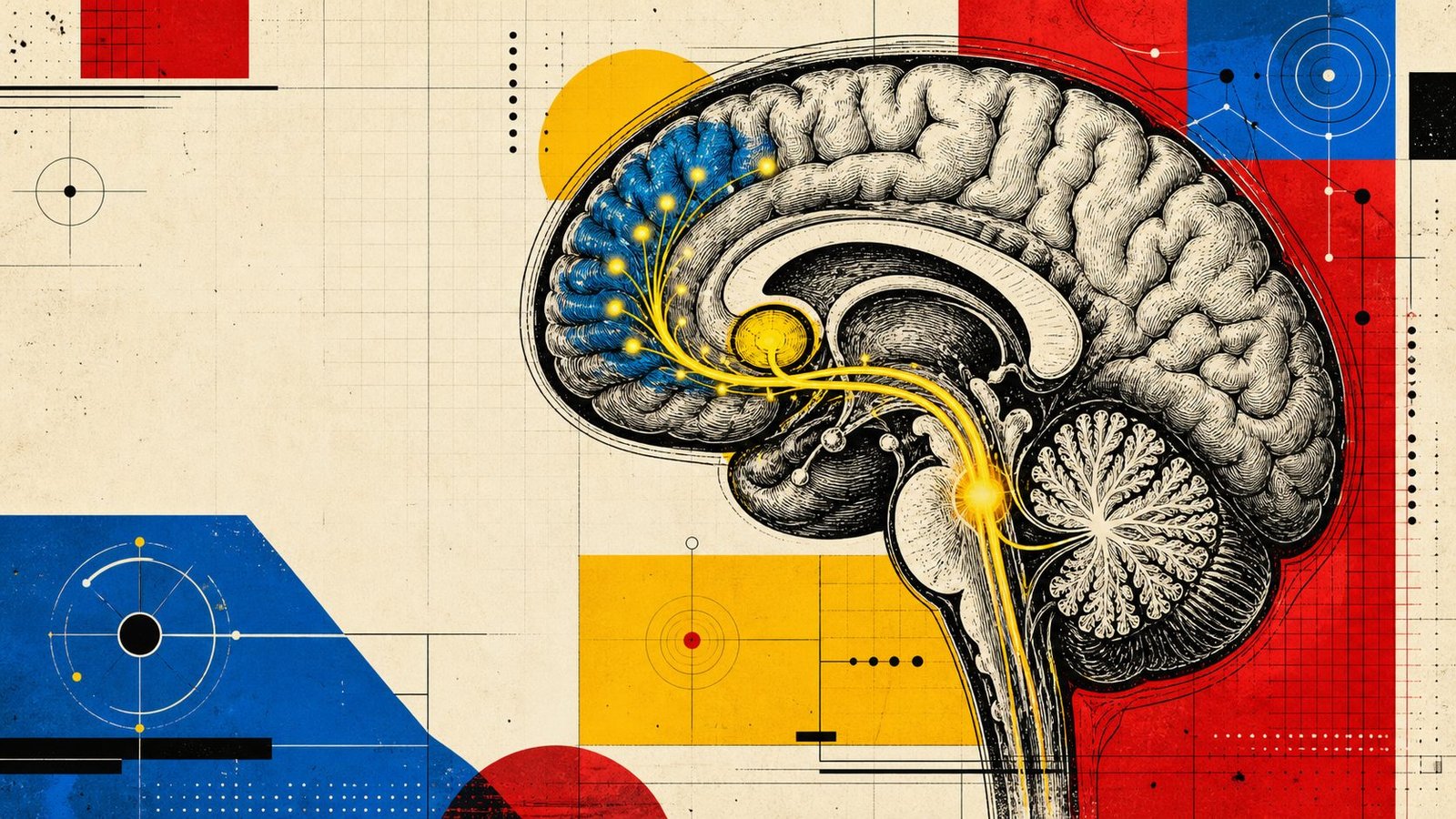 Dopamin motivasyon devresini gösteren beyin kesiti, ödül yolu ve prefrontal kortekse uzanan sinyal akışıyla neo-brutalist illüstrasyon.