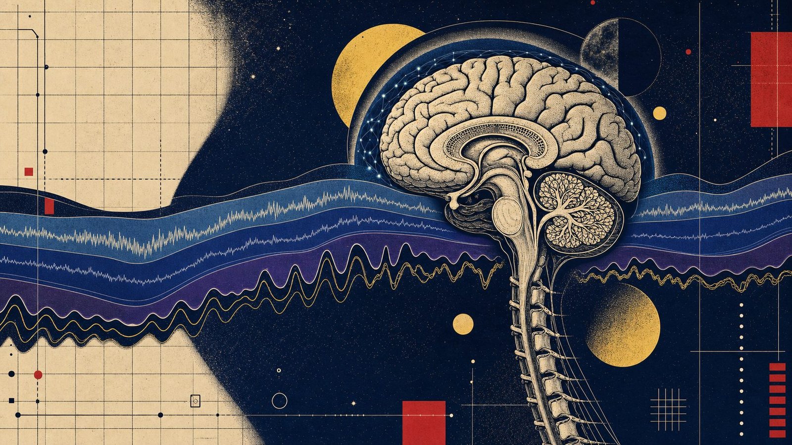 Uyku mimarisi, REM ve derin uyku dalgalarıyla dinlenen beyin ve beyin sapını gösteren anatomik neo-brutalist kapak görseli.