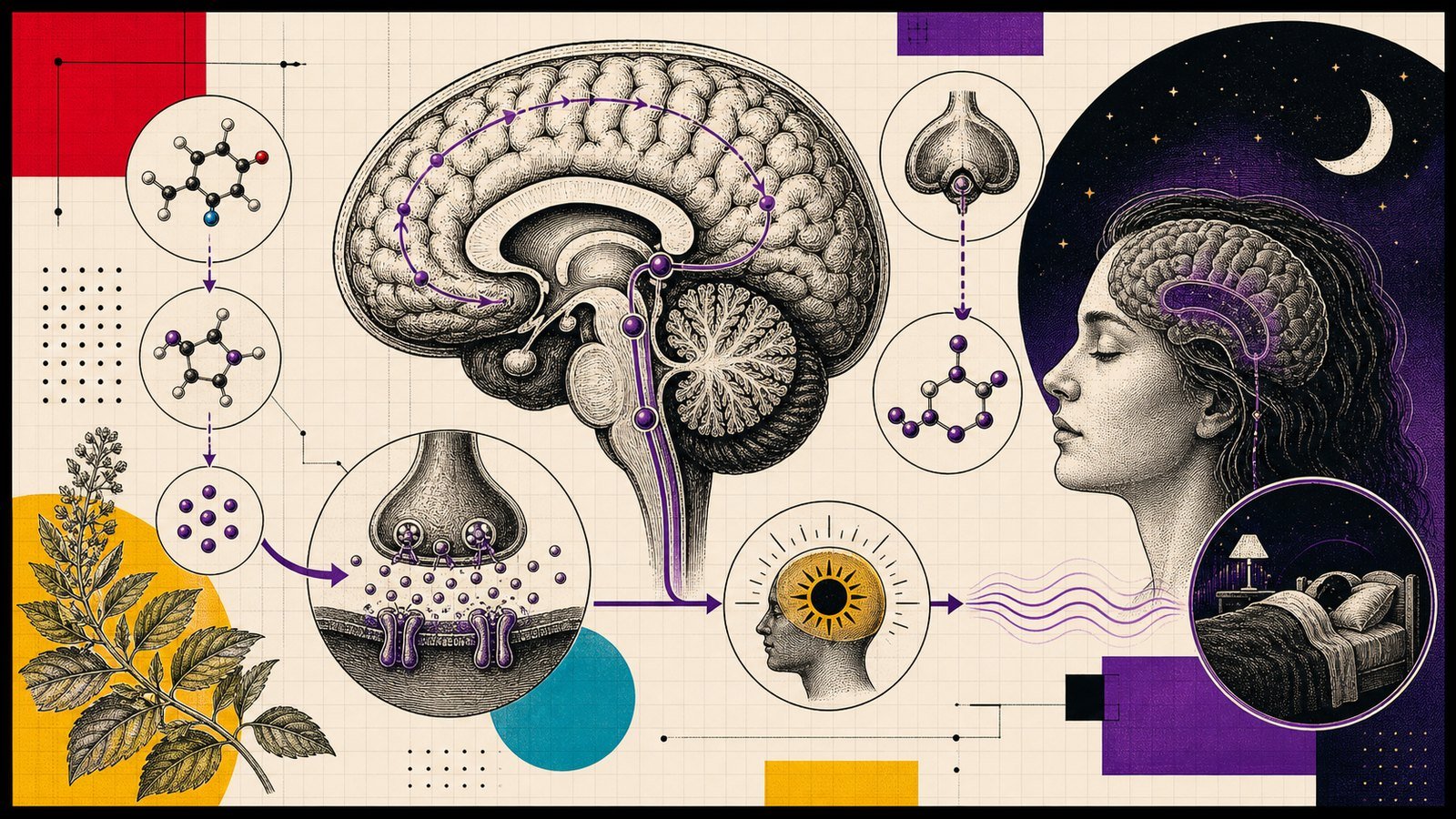 5-HTP serotonin yolu, raphe çekirdeği ve uyku-ruh hali bağlantısını gösteren anatomik neo-brutalist beyin illüstrasyonu.