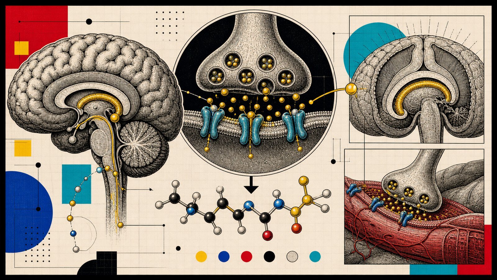 Alpha-GPC asetilkolin, hipokampus, prefrontal korteks ve nöromüsküler sinyali gösteren anatomik neo-brutalist kapak görseli.