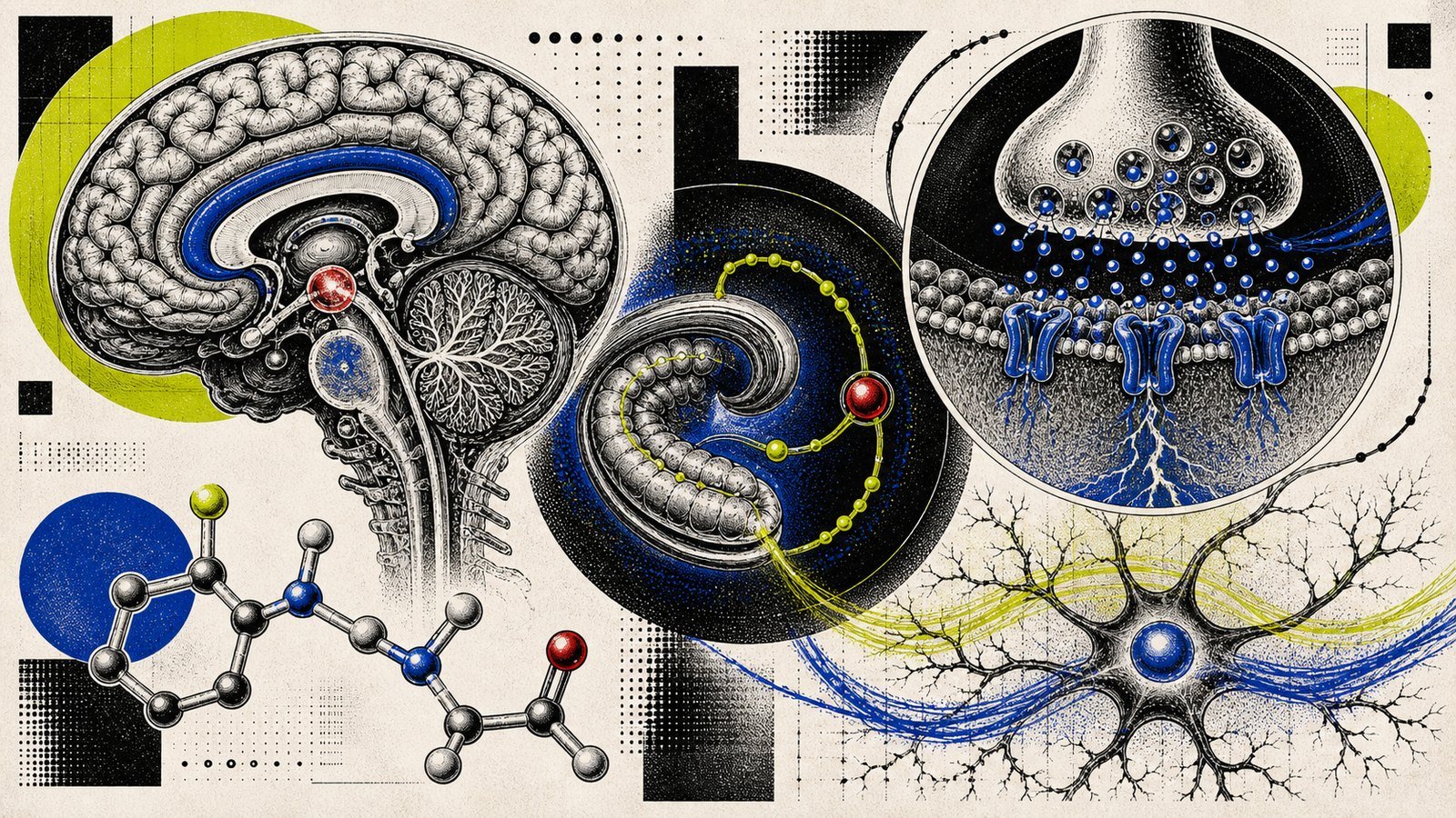 Aniracetam AMPA-glutamat sinyali, limbik sakinleşme, dopamin-serotonin devreleri ve rasetam yapısını gösteren anatomik neo-brutalist beyin görseli.
