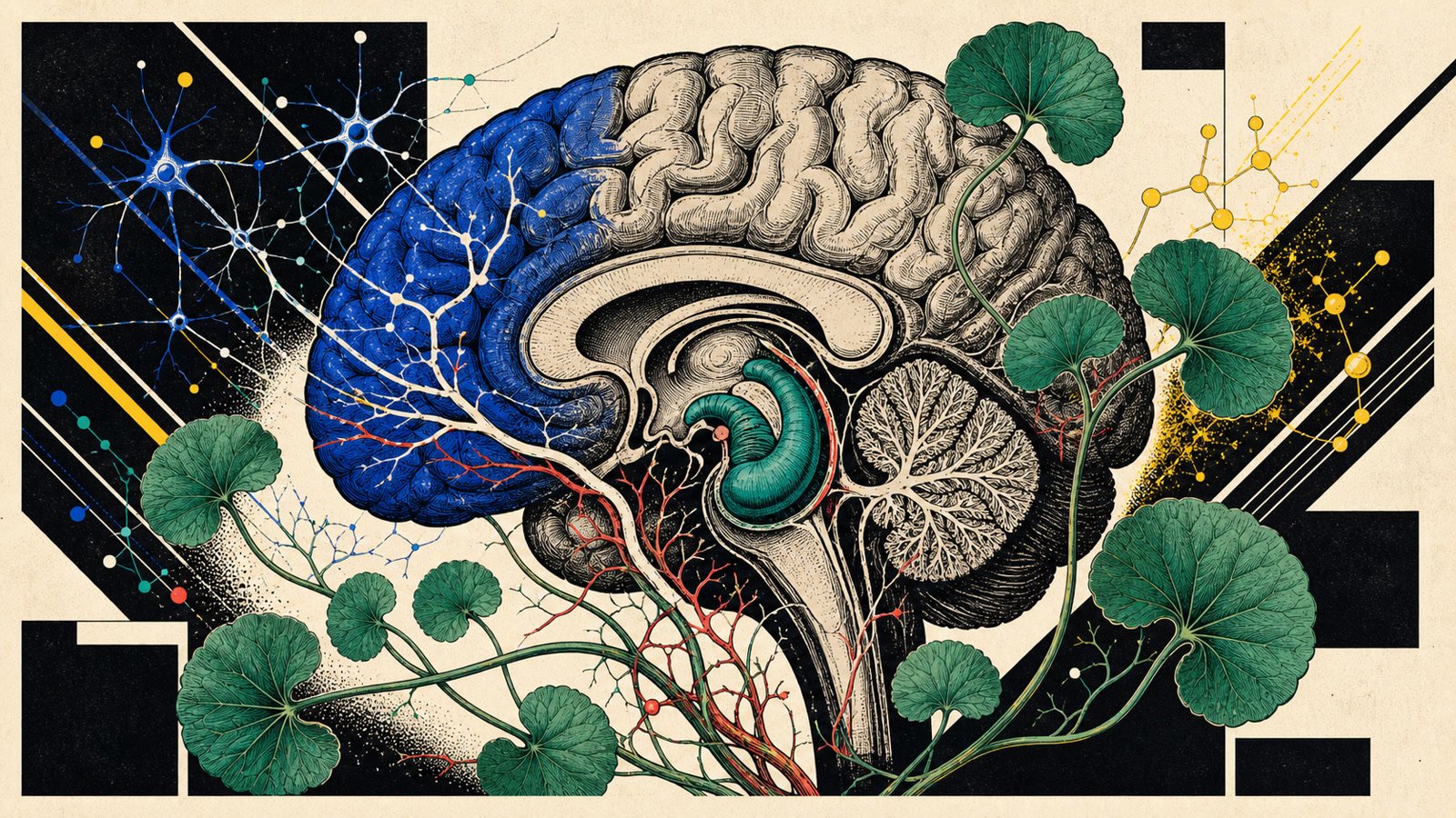 Centella asiatica gotu kola yaprakları, BDNF, hipokampus, mikrosirkülasyon ve sakin odak devresini gösteren anatomik neo-brutalist kapak görseli.