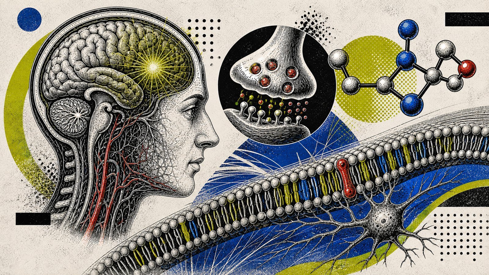 DMAE kolinerjik sinapslar, asetilkolin öncül desteği, nöron membranı ve prefrontal odak devresini gösteren anatomik neo-brutalist görsel.