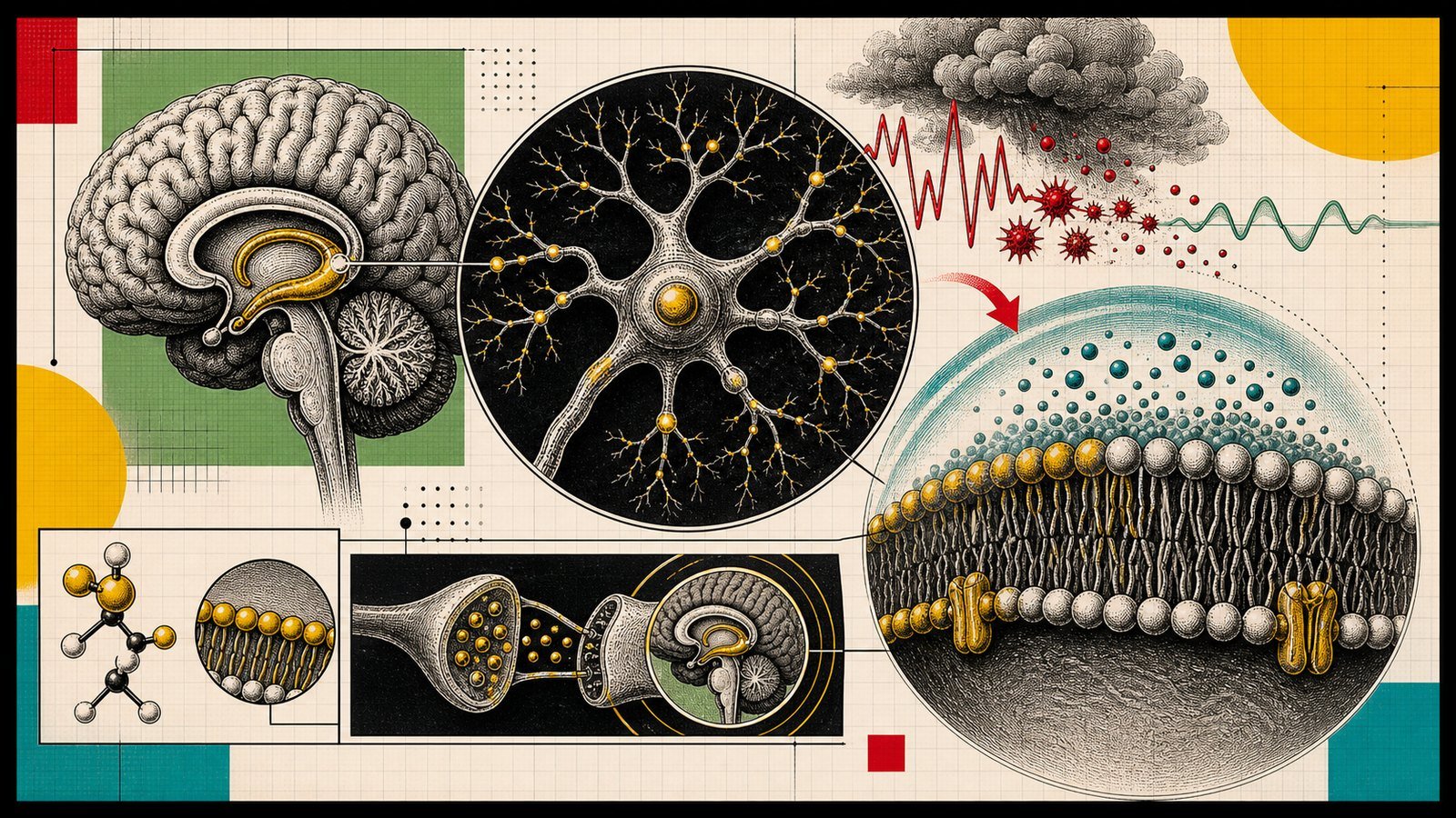 Fosfatidilserin nöron membranı, hipokampus, kortizol tamponlama ve bellek desteğini gösteren anatomik neo-brutalist görsel.
