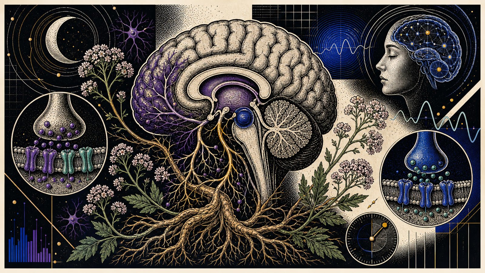 Kediotu valerian kökü, GABA-A sakinleşmesi, adenozin uyku baskısı ve beyin uyku merkezlerini gösteren anatomik neo-brutalist kapak görseli.