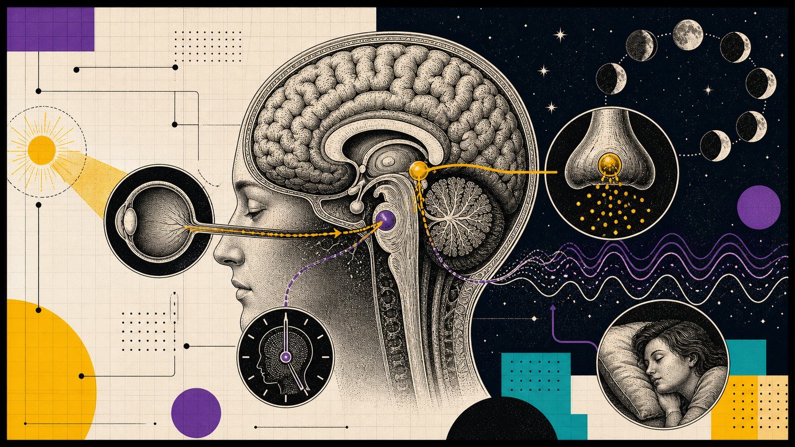 Melatonin pineal bez, sirkadiyen ritim, retina-SCN yolu, uyku evresi ve antioksidan destek anatomik kapak görseli.