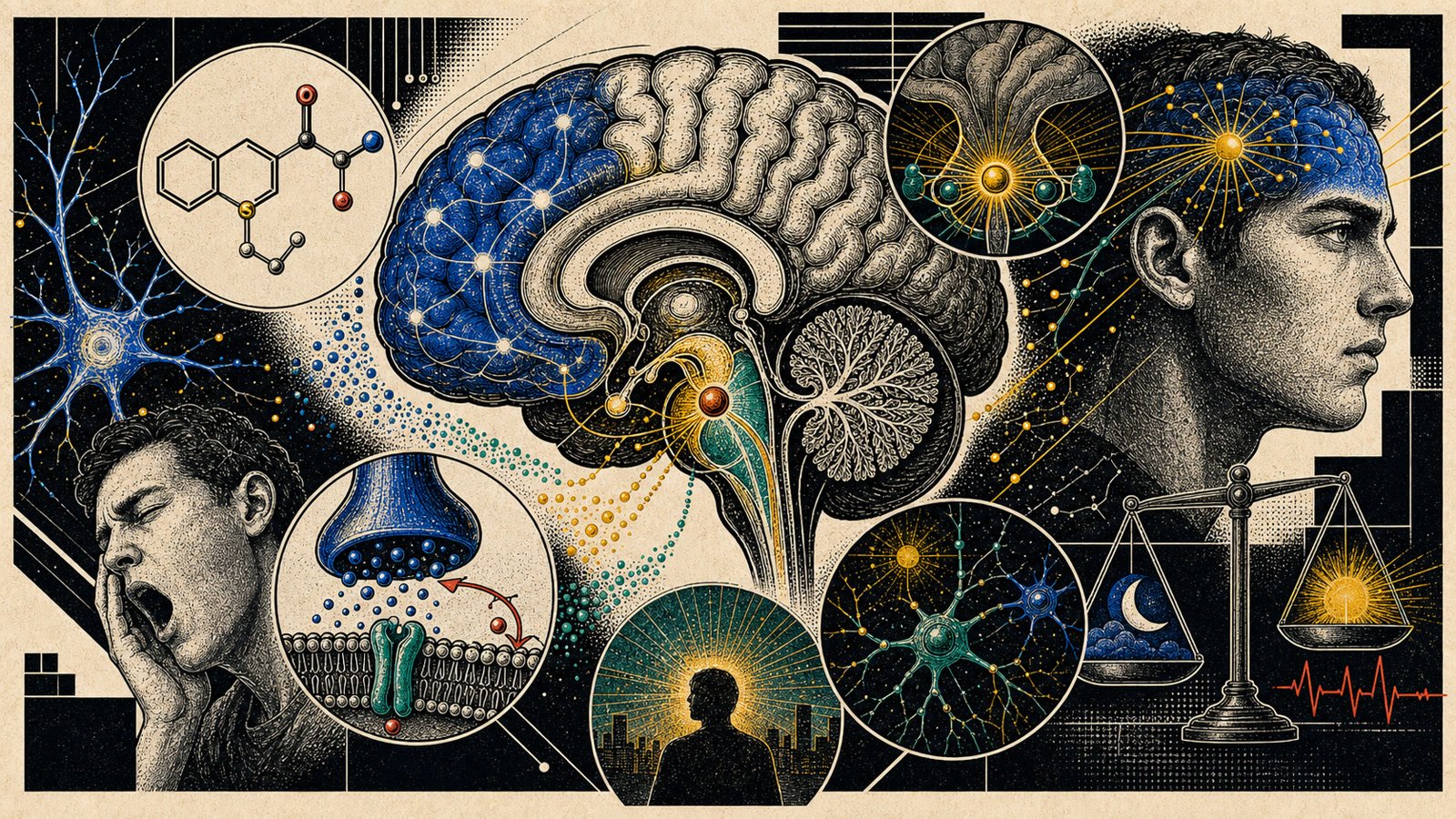 Modafinil orexin uyanıklık ağı, dopamin taşıyıcı modülasyonu, prefrontal odak ve uyku yoksunluğu direncini gösteren anatomik neo-brutalist kapak görseli.