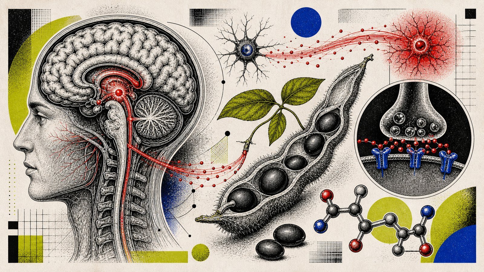 Mucuna Pruriens L-DOPA kaynağı, dopamin motivasyon yolu, striatum-prefrontal devre ve kılıçkını tohumu motifini gösteren anatomik görsel.