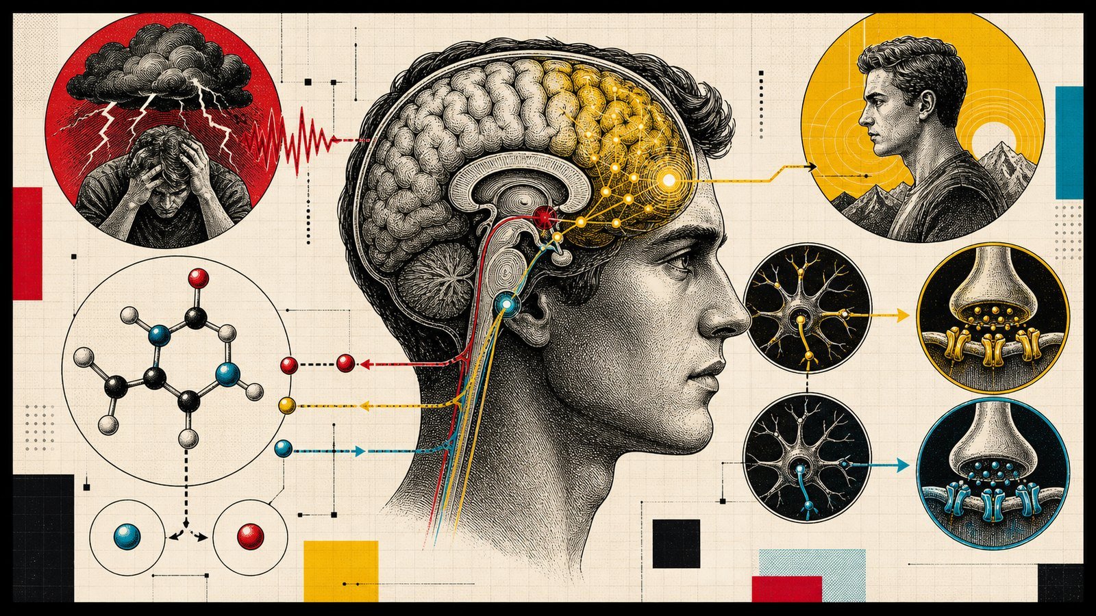 N-Asetil L-Tirozin stres altında zihinsel enerji, prefrontal korteks, dopamin ve norepinefrin yollarını gösteren kapak görseli.