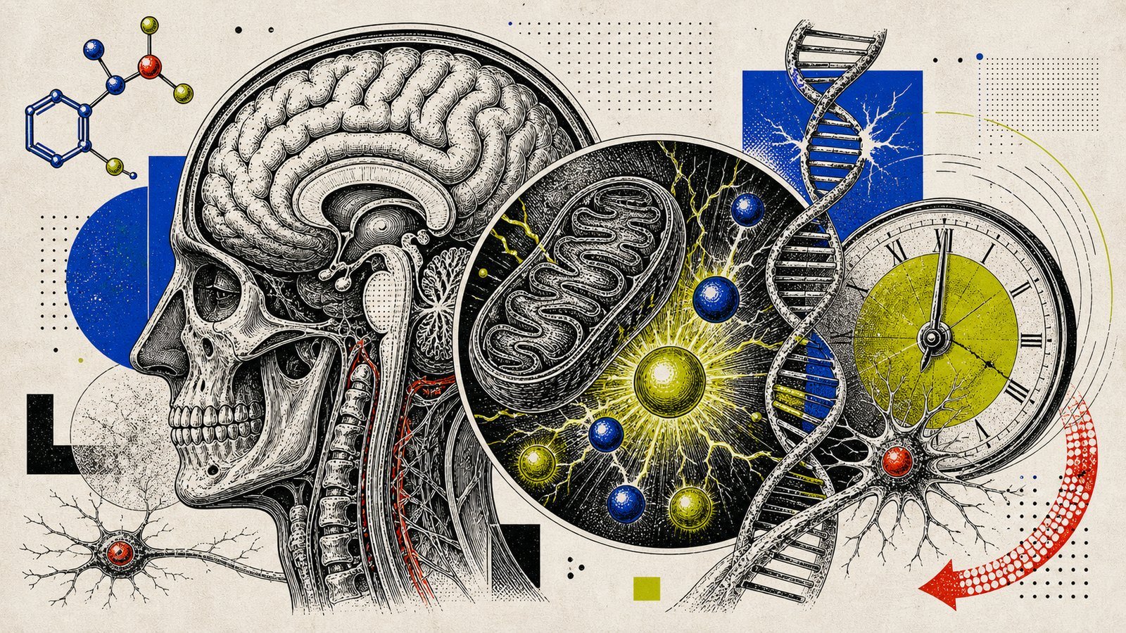 NMN NAD+ yenilenmesi, mitokondri enerjisi, DNA onarımı, hücresel yaşlanma saati ve nöral metabolizmayı gösteren anatomik kapak görseli.
