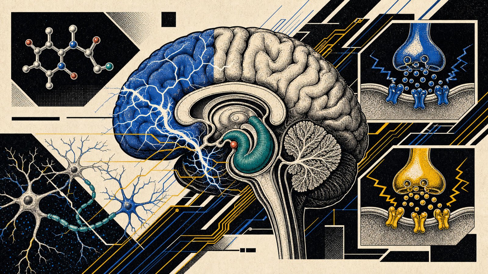 Oksiracetam AMPA-NMDA modülasyonu, analitik odak, prefrontal hız devresi ve rasetam yapısını gösteren anatomik neo-brutalist kapak görseli.