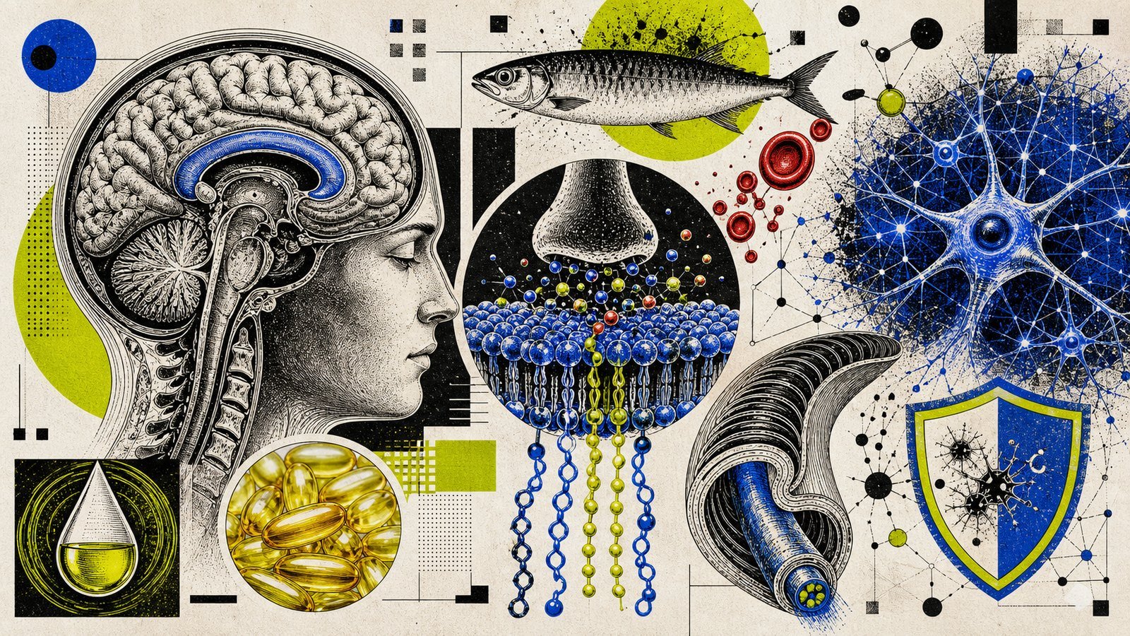 Omega-3 DHA ve EPA nöron membranı, miyelin desteği, inflamasyon azalması, sinaptik esneklik ve ruh hali devresini gösteren anatomik görsel.