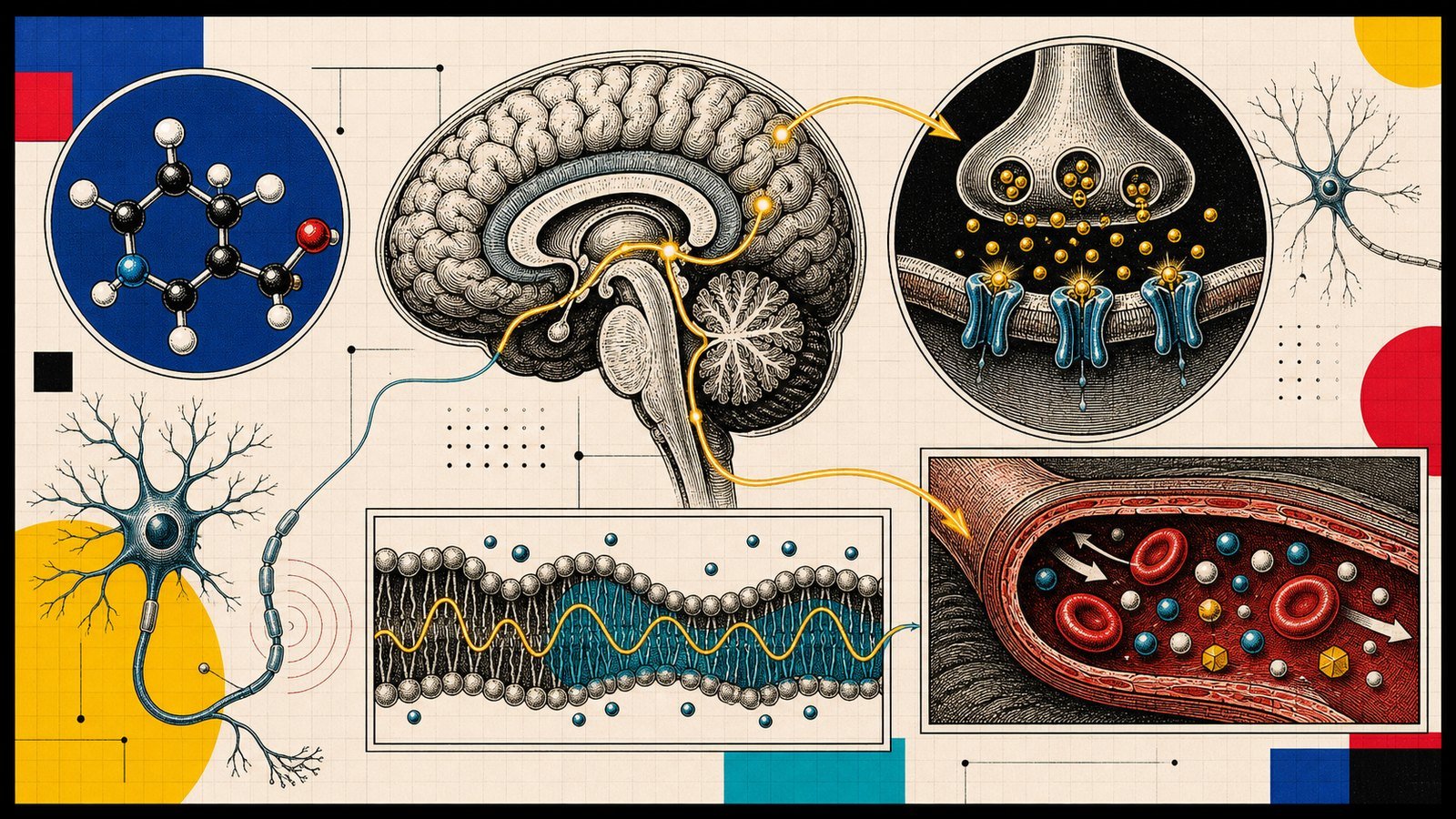 Piracetam AMPA modülasyonu, membran akışkanlığı, serebral oksijen-glukoz kullanımı ve öğrenme devresini gösteren kapak görseli.