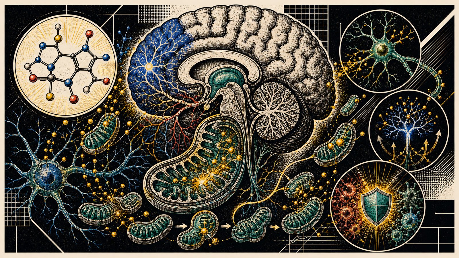 PQQ mitokondriyal biyogenez, yeni mitokondri oluşumu, redoks kofaktör etkisi, BDNF ve nöral enerji korumasını gösteren anatomik neo-brutalist kapak görseli.