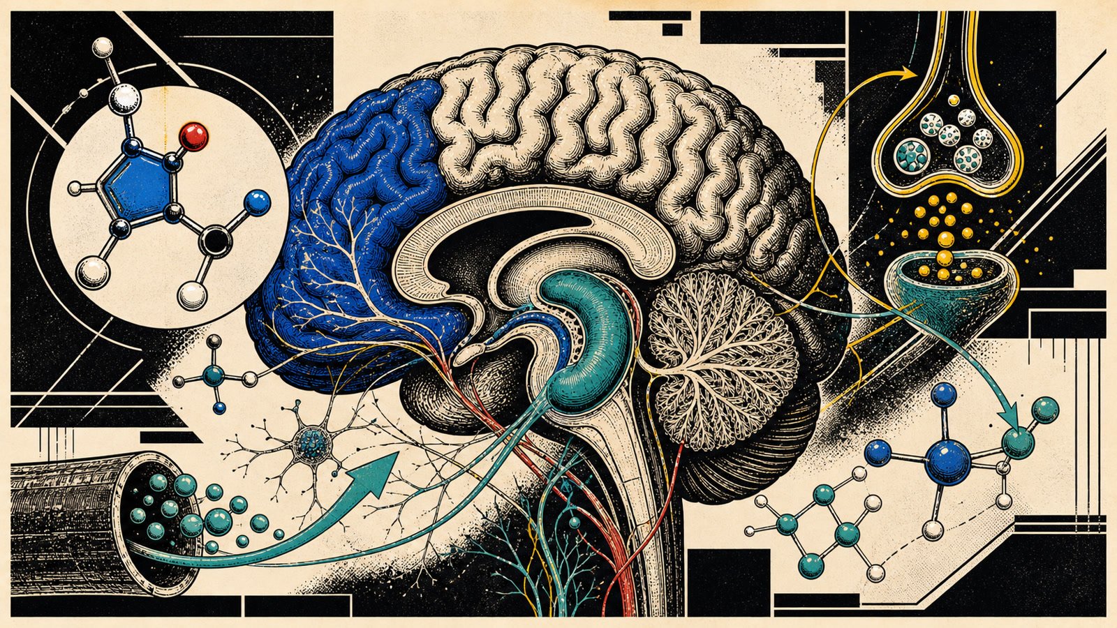 Pramiracetam yüksek afiniteli kolin alımı, asetilkolin sentezi, hipokampal hafıza ve rasetam yapısını gösteren anatomik neo-brutalist kapak görseli.