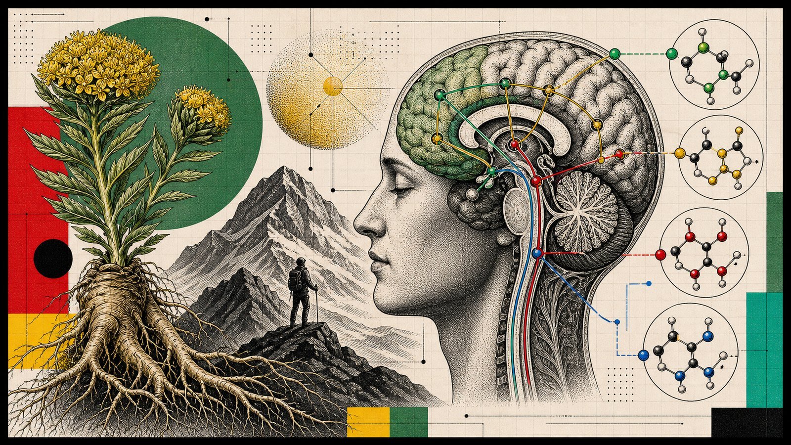 Rhodiola Rosea stres adaptasyonu, yorgunluk direnci, monoamin dengesi ve rhodiola kökünü gösteren anatomik kapak görseli.
