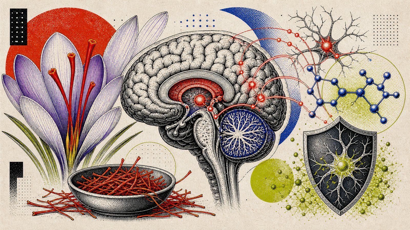 Safran ekstresi serotonin ruh hali yolu, limbik denge, crocus sativus stigma lifleri ve antioksidan nöroproteksiyonu gösteren anatomik görsel.