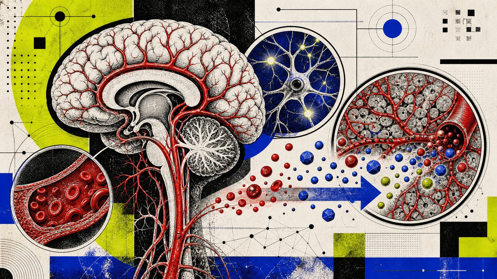 Vinposetin serebral kan akışı, mikro dolaşım, oksijen-glukoz taşınması ve odak-hafıza ağını gösteren anatomik neo-brutalist beyin görseli.