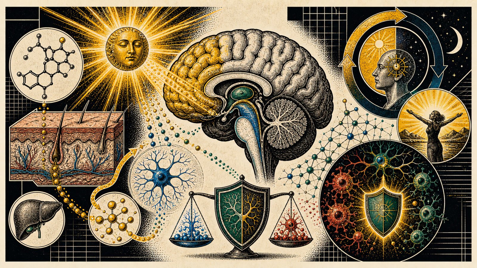 Vitamin D3 güneş ışığı, nörosteroid sinyal, ruh hali devresi, immün denge ve nöroinflamasyon azalmasını gösteren anatomik neo-brutalist kapak görseli.