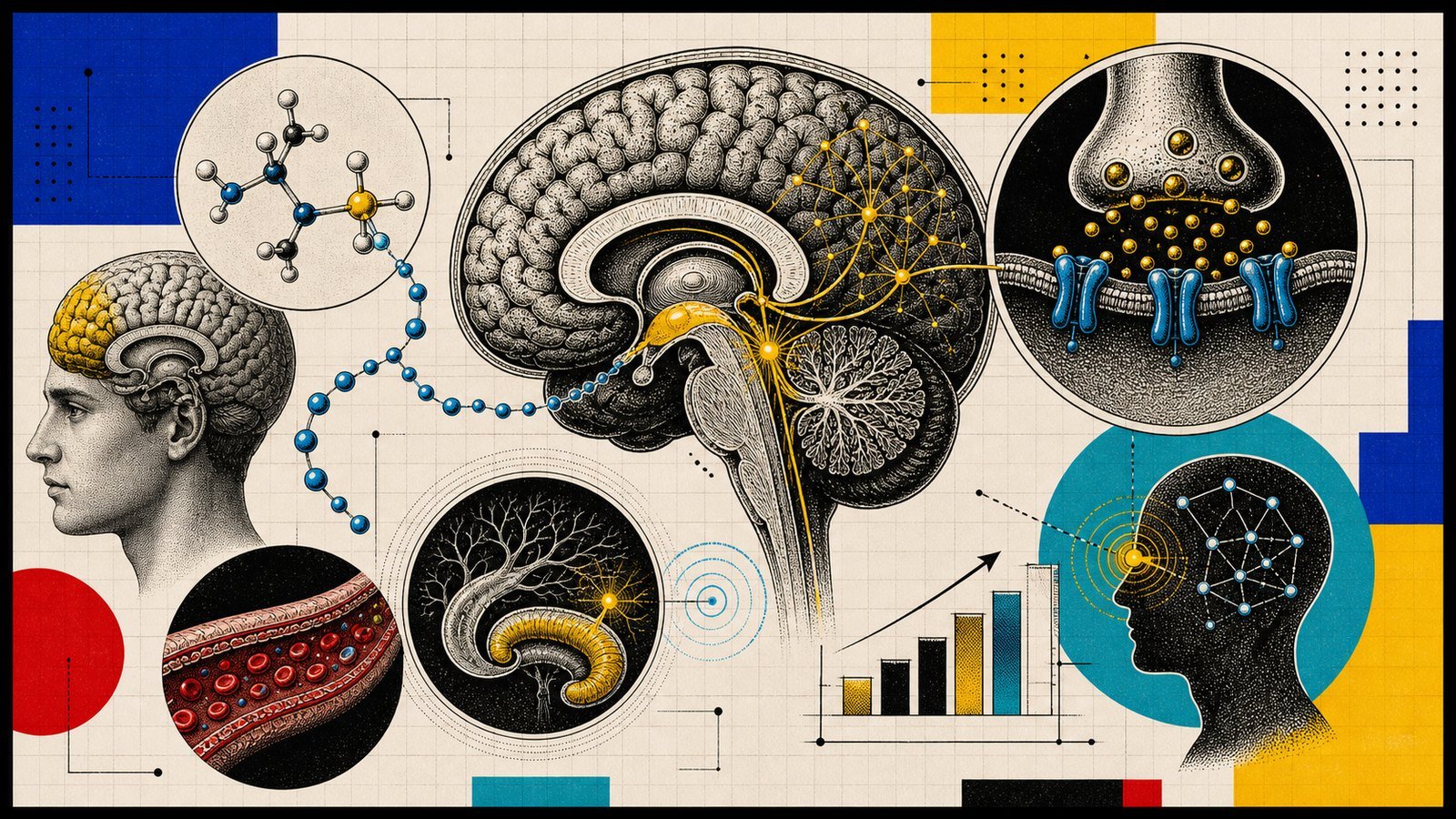 Alpha-GPC asetilkolin, hipokampus, prefrontal korteks ve nöromüsküler sinyali gösteren anatomik neo-brutalist kapak görseli.