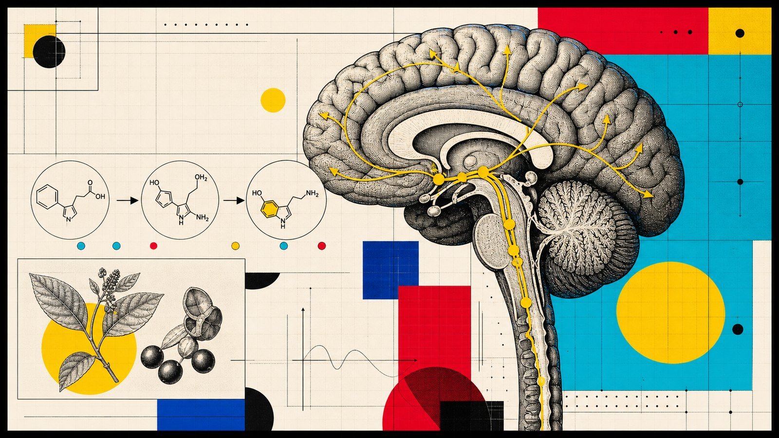 5-HTP serotonin yolu, raphe çekirdeği ve uyku-ruh hali bağlantısını gösteren anatomik neo-brutalist beyin illüstrasyonu.