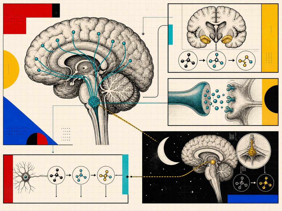 5-HTP dönüşümünün serotonin, melatonin, limbik sistem ve uyku sinyalleri üzerindeki etkisini anlatan mekanizma görseli.