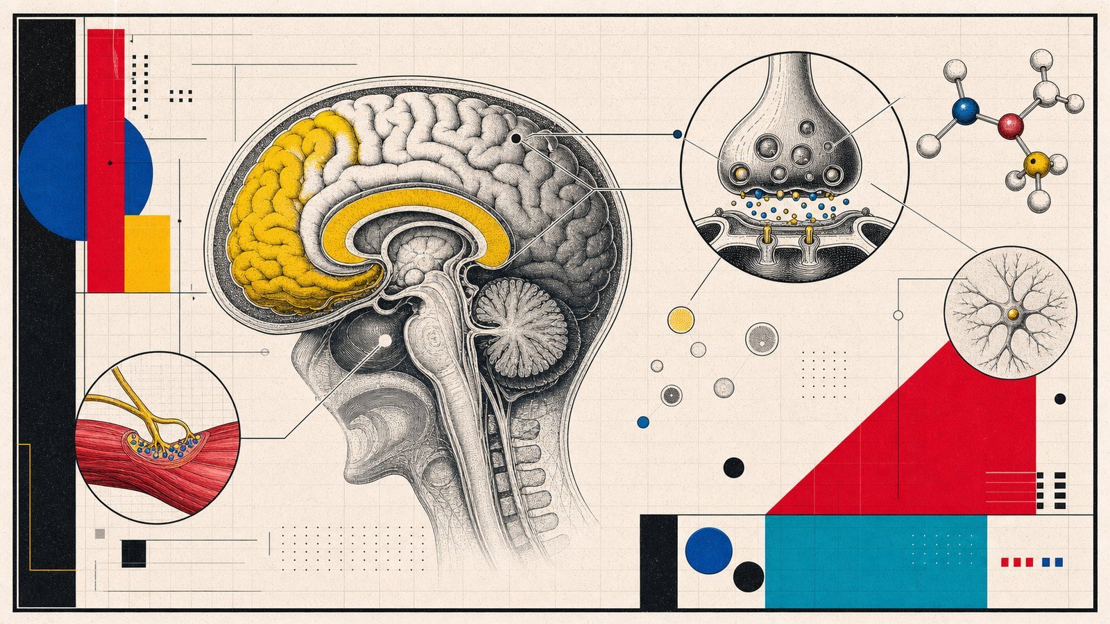 Alpha-GPC asetilkolin, hipokampus, prefrontal korteks ve nöromüsküler sinyali gösteren anatomik neo-brutalist kapak görseli.