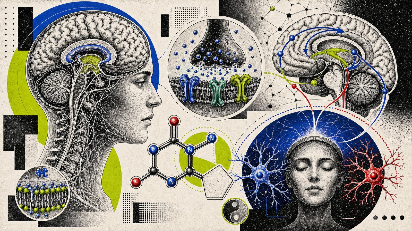 Aniracetam AMPA-glutamat sinyali, limbik sakinleşme, dopamin-serotonin devreleri ve rasetam yapısını gösteren anatomik neo-brutalist beyin görseli.