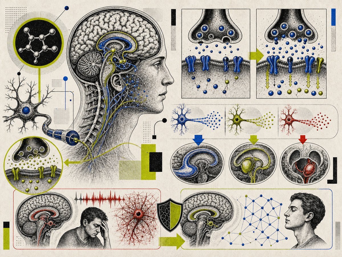 Aniracetam AMPA reseptör modülasyonu, asetilkolin desteği, dopamin-serotonin yolları ve sakin odak mekanizma görseli.