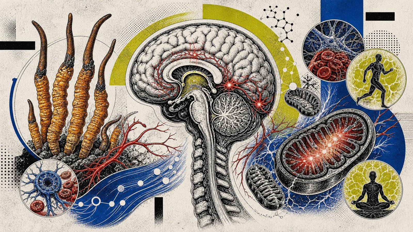 Cordyceps mantarı, mitokondri ATP üretimi, oksijen kullanımı, beyin enerjisi ve adaptogenik dayanıklılığı gösteren anatomik kapak görseli.