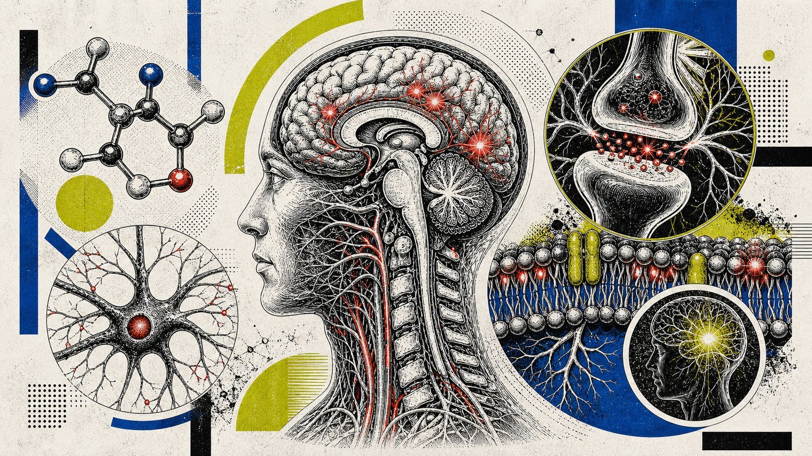 DMAE kolinerjik sinapslar, asetilkolin öncül desteği, nöron membranı ve prefrontal odak devresini gösteren anatomik neo-brutalist görsel.