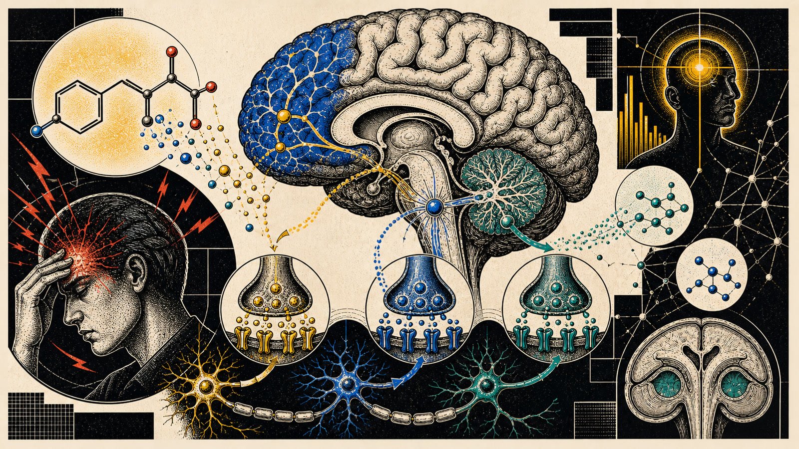 L-Tirozin stres altında prefrontal odak, dopamin, norepinefrin, epinefrin ve katekolamin sentezini gösteren anatomik neo-brutalist kapak görseli.