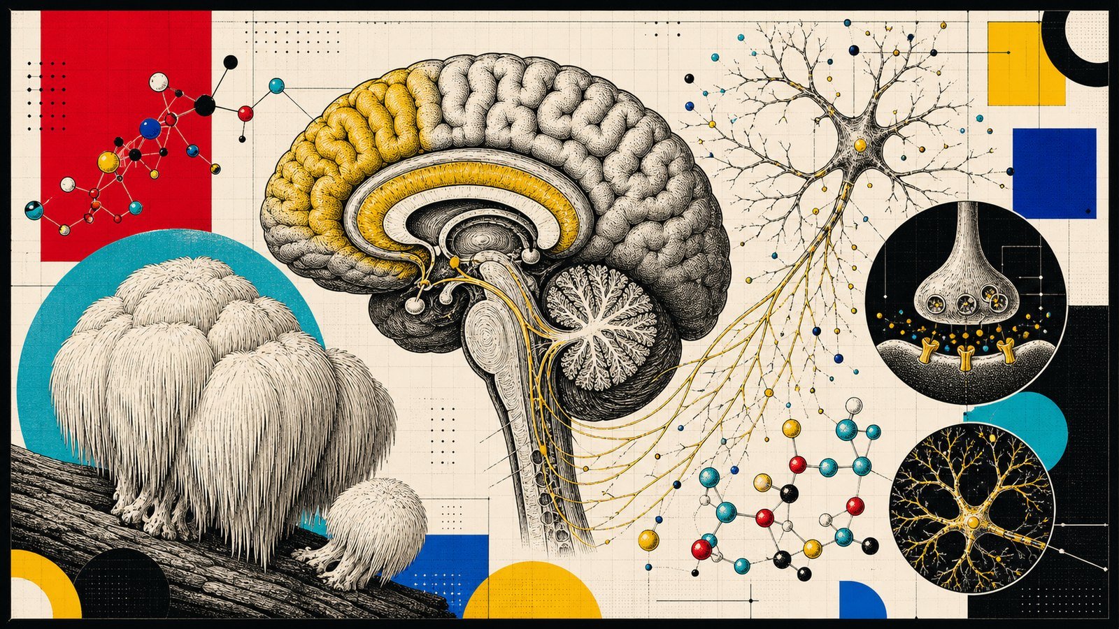 Lion's Mane mantarı, NGF, BDNF, sinir büyümesi ve nöroplastisiteyi gösteren anatomik neo-brutalist kapak görseli.