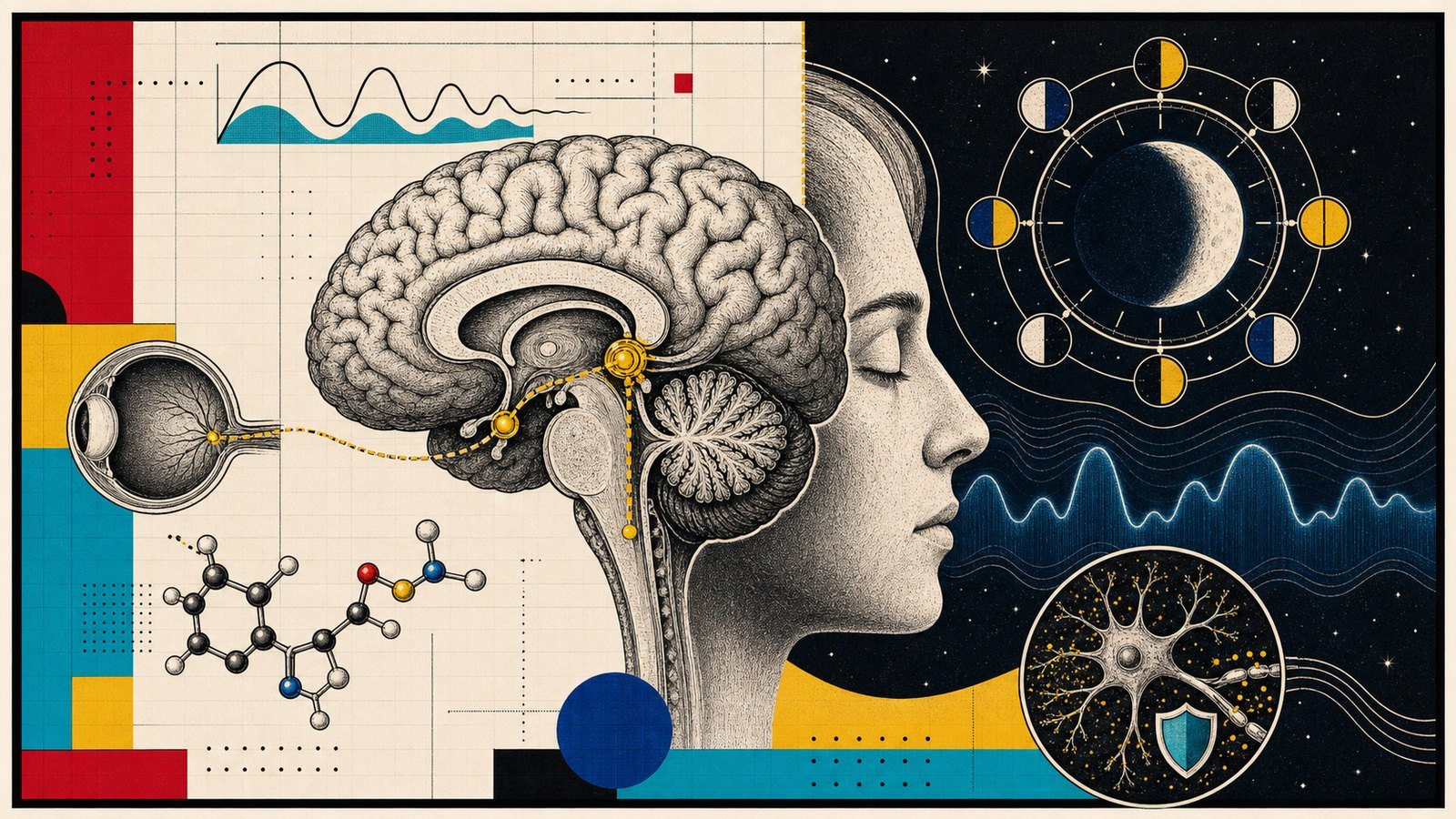 Melatonin pineal bez, sirkadiyen ritim, retina-SCN yolu, uyku evresi ve antioksidan destek anatomik kapak görseli.