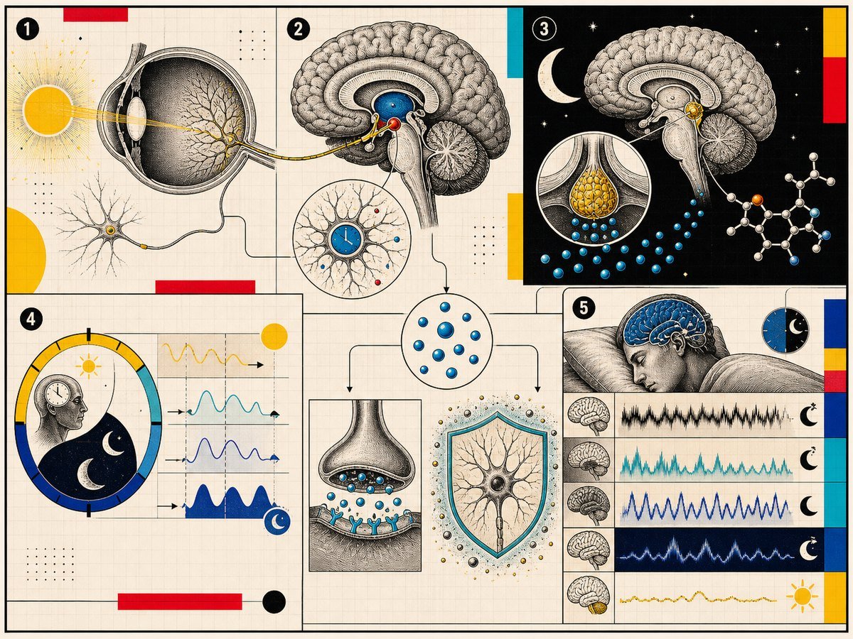 Melatonin retina ışık sinyali, SCN saati, pineal salgı, sirkadiyen faz ve uyku mimarisi mekanizma görseli.