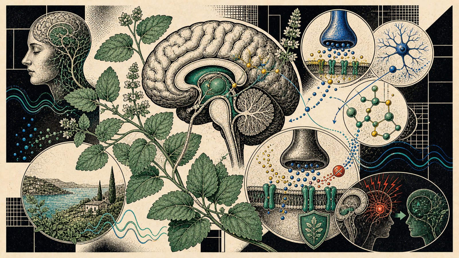 Melisa lemon balm yaprakları, GABA-T inhibisyonu, limbik sakinleşme, stres azalması ve sakin odak devresini gösteren anatomik neo-brutalist kapak görseli.