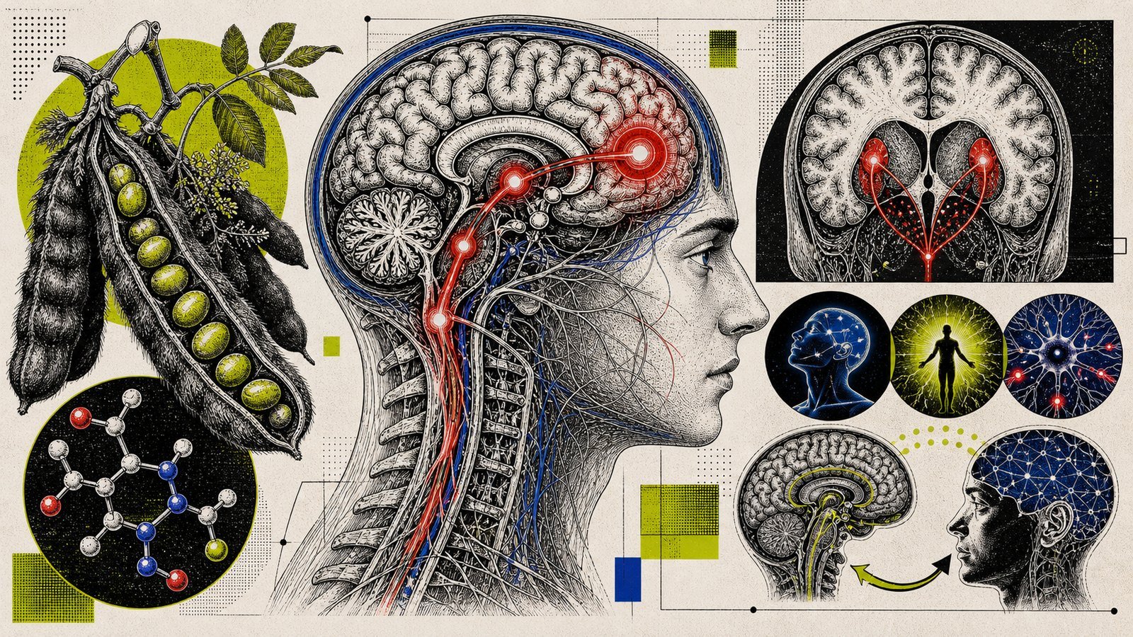 Mucuna Pruriens L-DOPA kaynağı, dopamin motivasyon yolu, striatum-prefrontal devre ve kılıçkını tohumu motifini gösteren anatomik görsel.