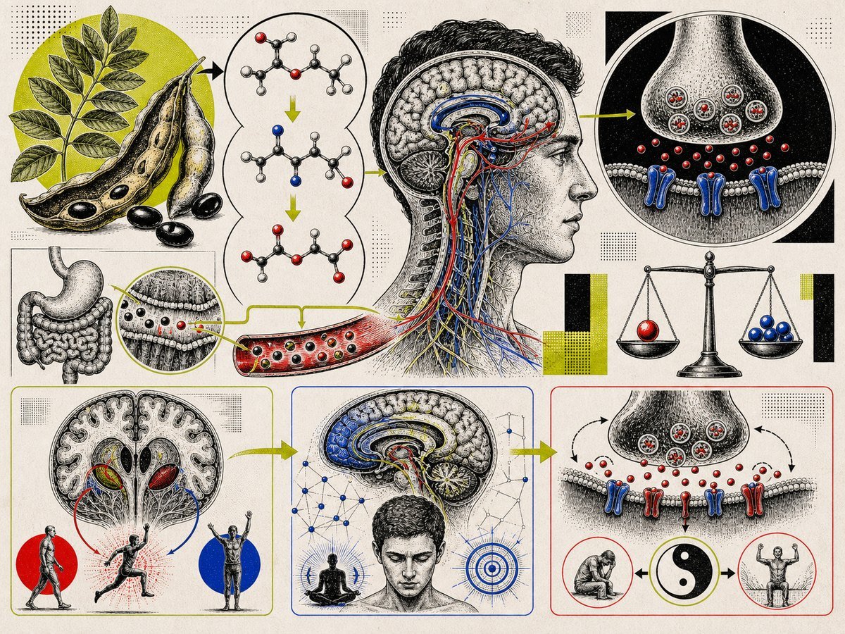 Mucuna Pruriens L-DOPA dönüşümü, dopamin sentezi, striatum-prefrontal motivasyon yolu ve motor destek mekanizma görseli.