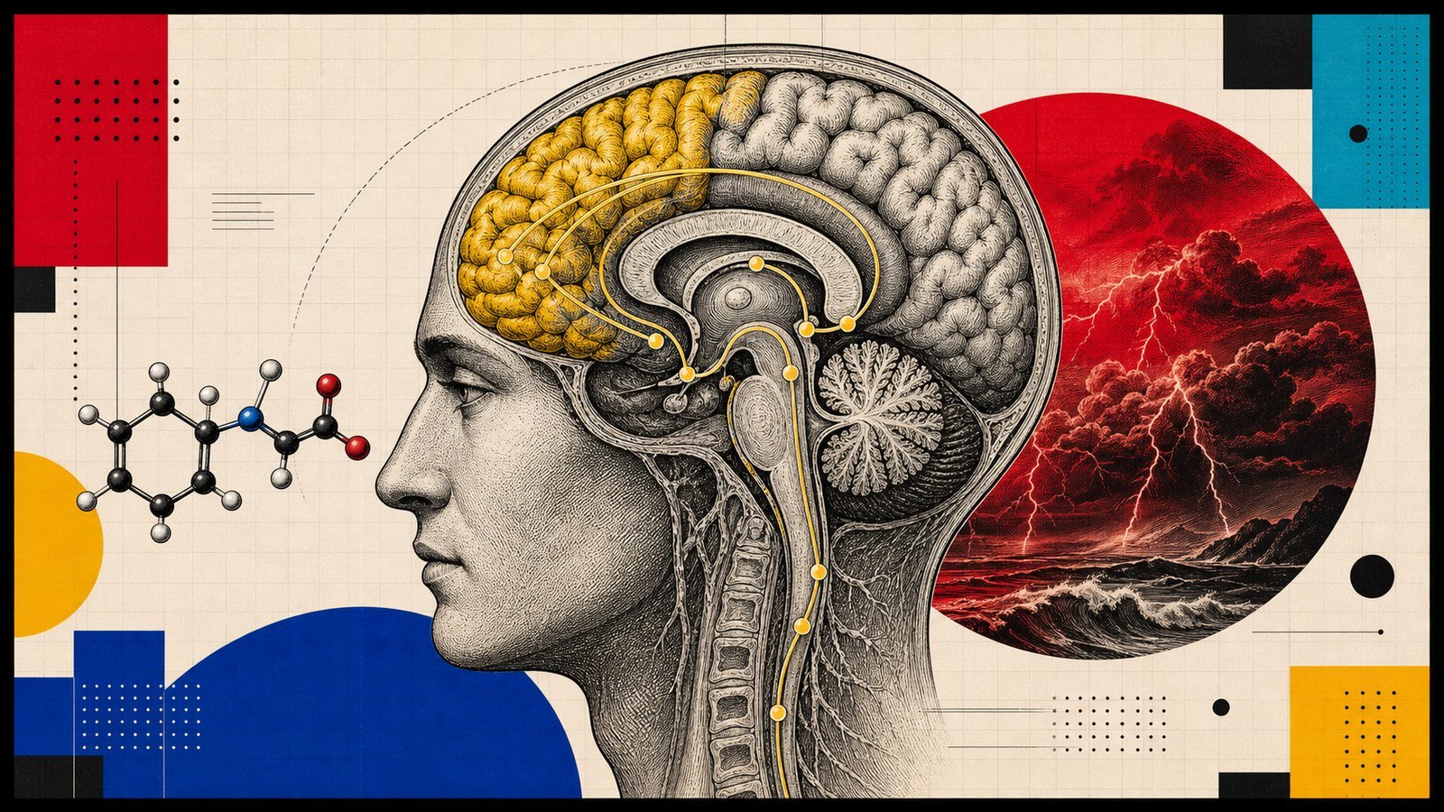 N-Asetil L-Tirozin stres altında zihinsel enerji, prefrontal korteks, dopamin ve norepinefrin yollarını gösteren kapak görseli.