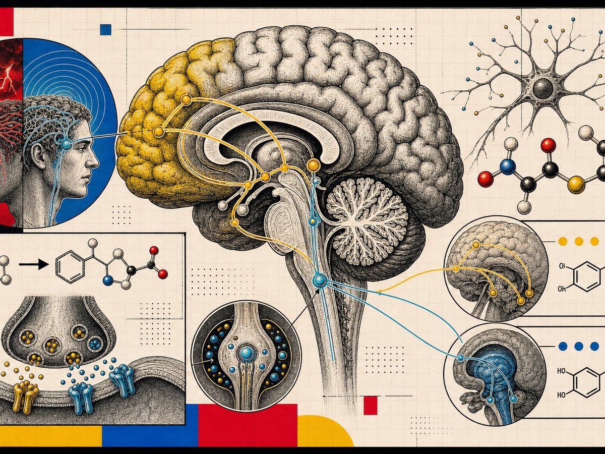 N-Asetil L-Tirozin dopamin ve norepinefrin sentezi, locus coeruleus, prefrontal odak ve stres performansı mekanizma görseli.